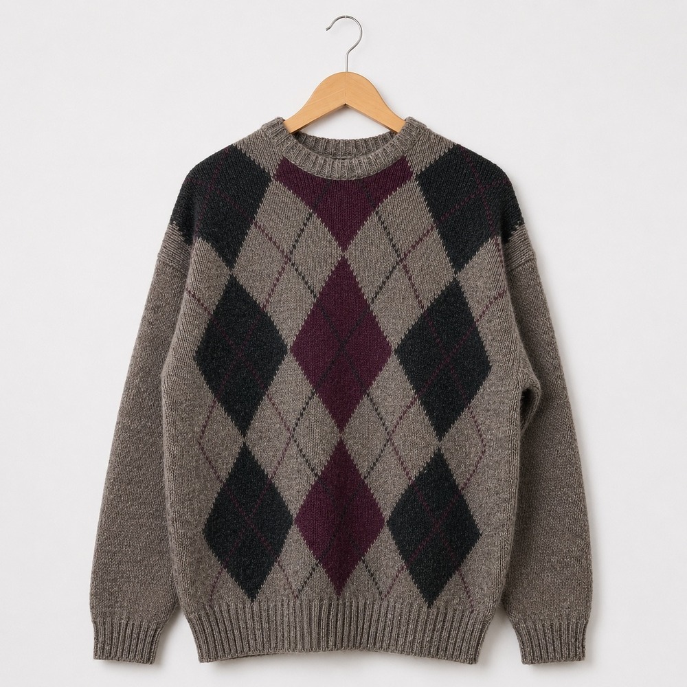 Lord Jeff Mens Shetland Wool Argyle Sweater Grey Burgundy Made in Ireland Large